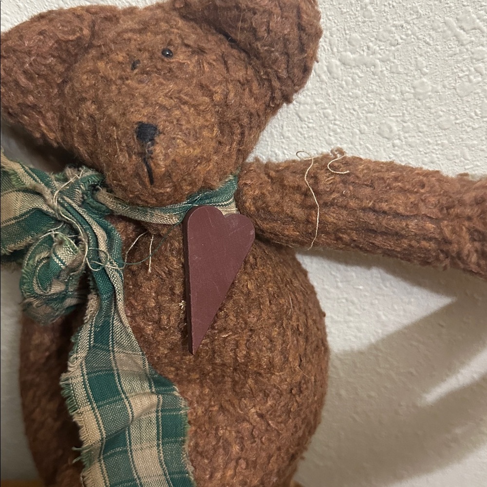 Vintage Brown Teddy Bear wooden red heart with Plaid Scarf